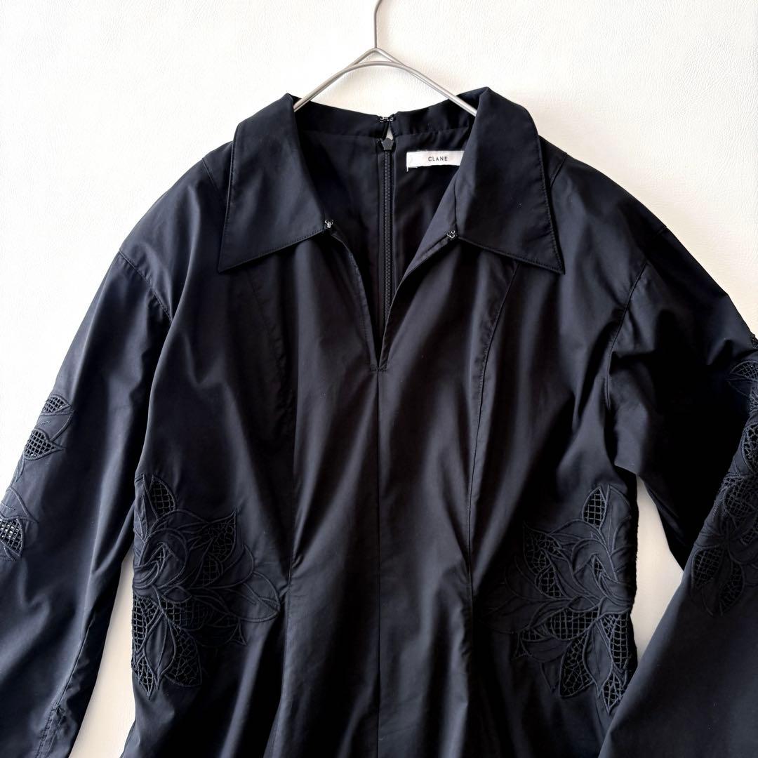 ■美品近年CLANE【定価3万】エンブロイダリーシャツワンピース刺繍マキシ丈黒