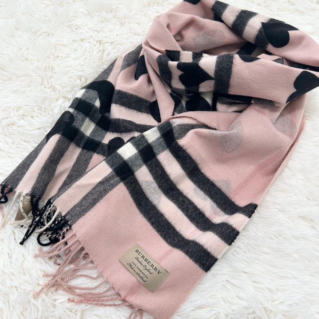 【カシミヤ100%】Burberry ハート柄チェックマフラー ノバチェック