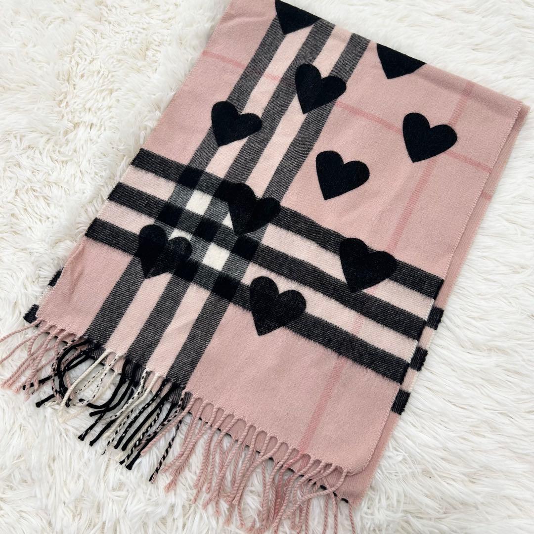 【カシミヤ100%】Burberry ハート柄チェックマフラー ノバチェック