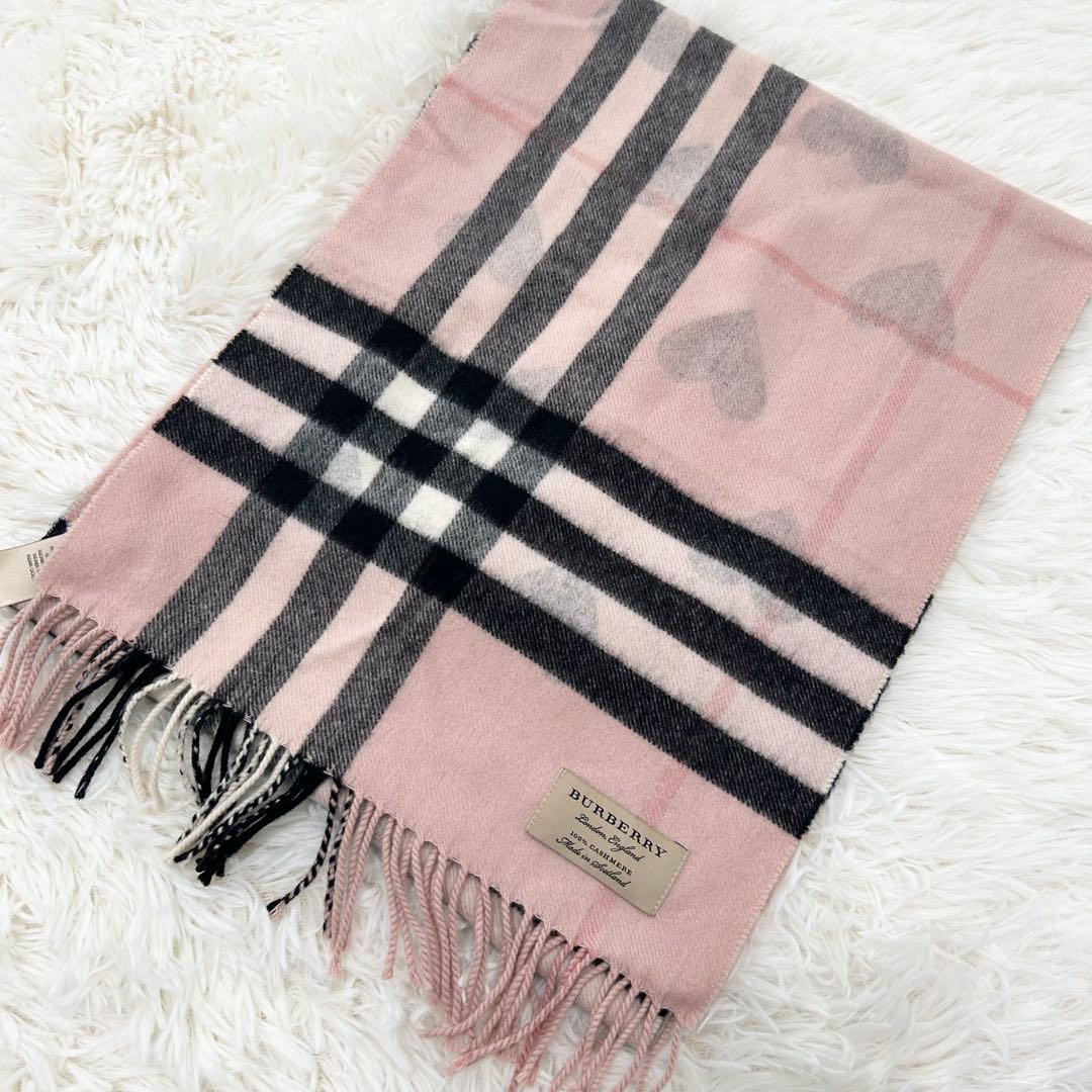 【カシミヤ100%】Burberry ハート柄チェックマフラー ノバチェック