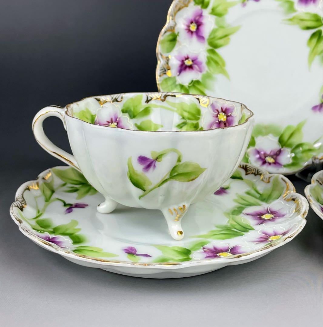 【美品】オールドノリタケ パンジー紋 ティーカップ２組 ビオラ 三つ脚 猫足