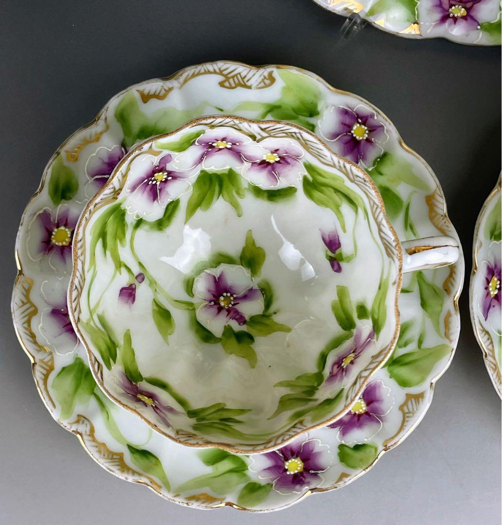 【美品】オールドノリタケ パンジー紋 ティーカップ２組 ビオラ 三つ脚 猫足