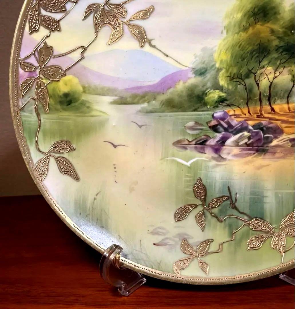 オールドノリタケ　飾り皿 金盛り　風景　メープルリーフ印　里帰り　骨董　明治