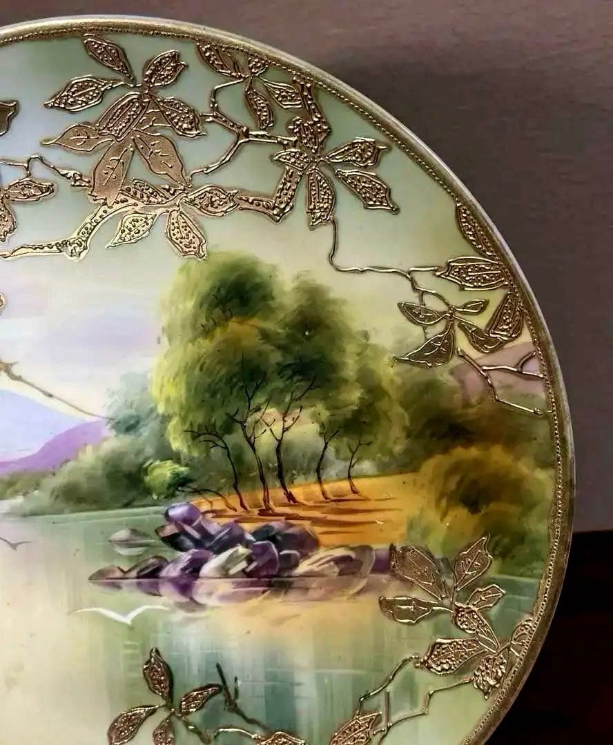 オールドノリタケ　飾り皿 金盛り　風景　メープルリーフ印　里帰り　骨董　明治