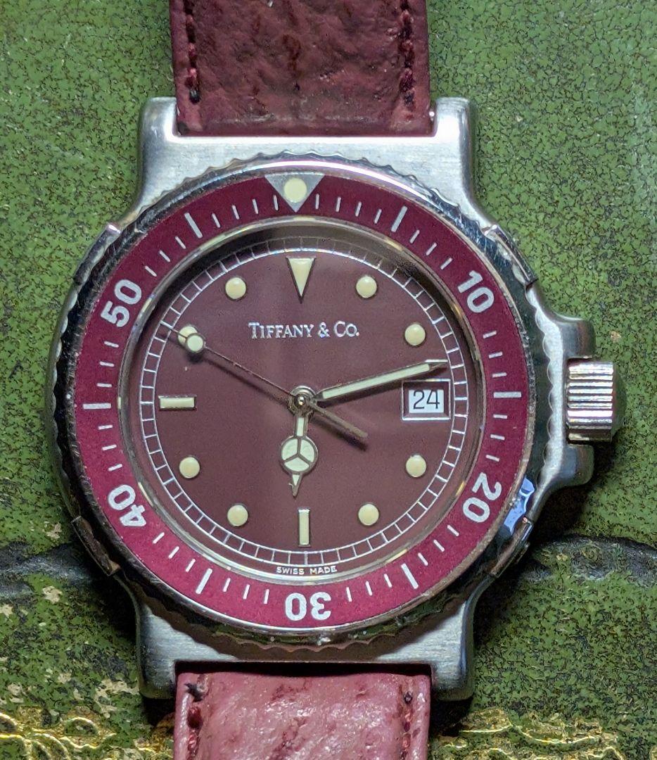 ティファニー　ダイバーズ　赤　Quartz　純正レザーベルト　稼働品