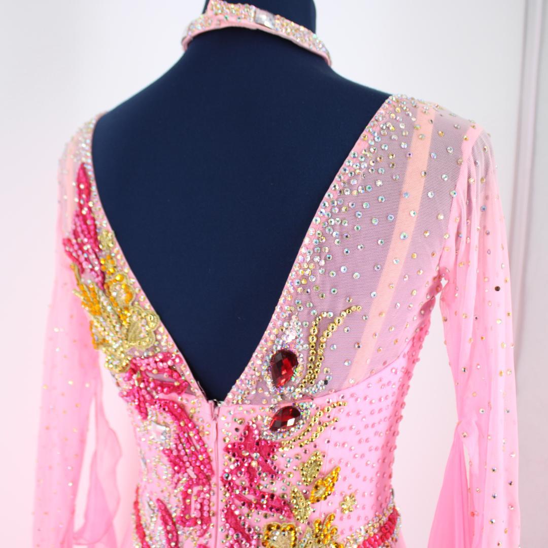 【美品 社交ダンス衣装】ピンク ワンピース ドレス ラインストーン チョーカー