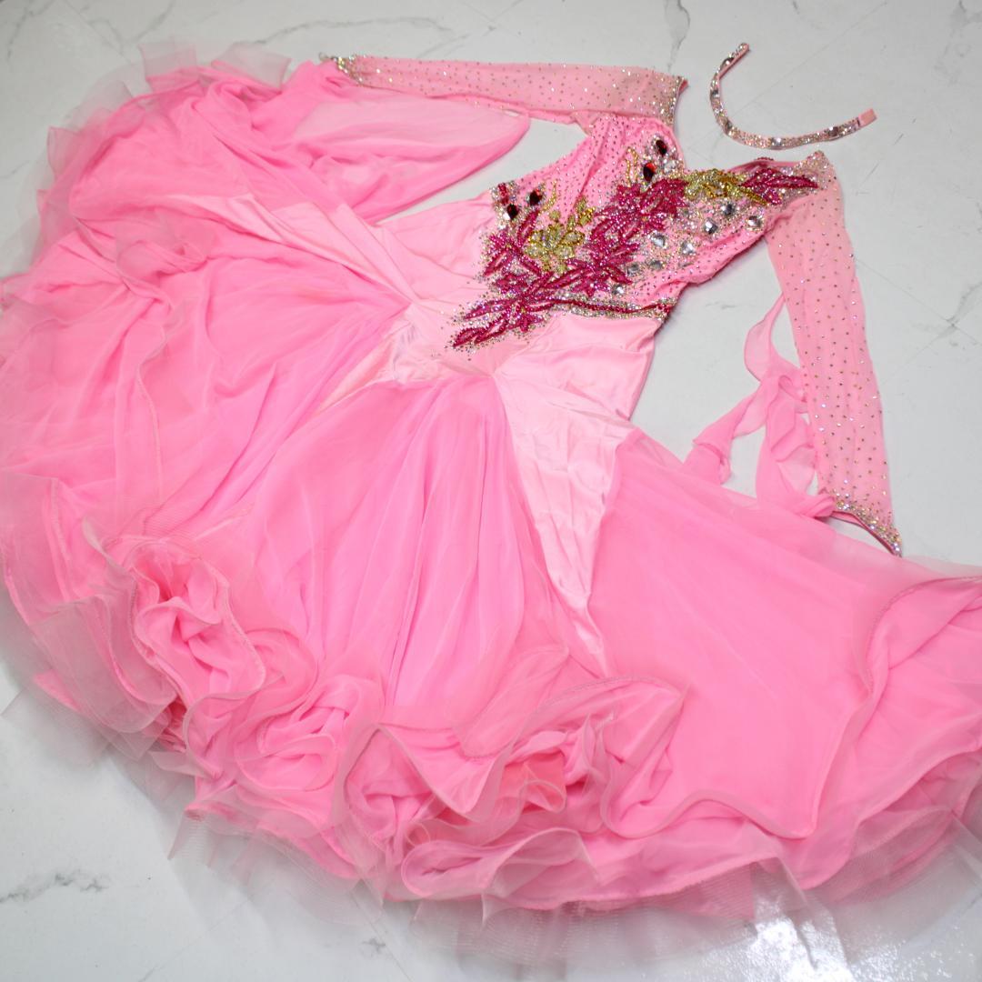 【美品 社交ダンス衣装】ピンク ワンピース ドレス ラインストーン チョーカー
