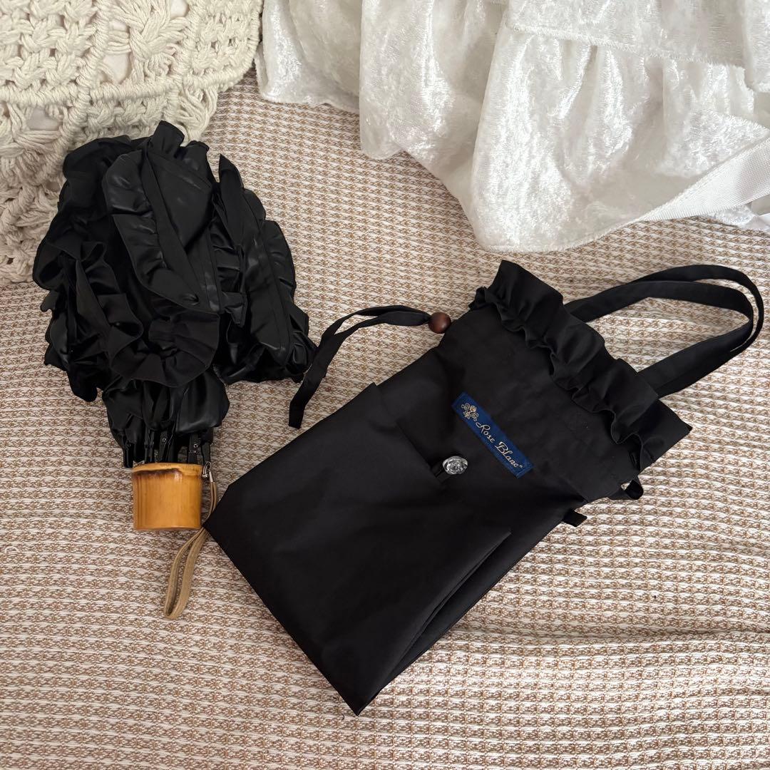 芦屋ロサブラン 3段フリル 折りたたみ 日傘 ブラック/黒