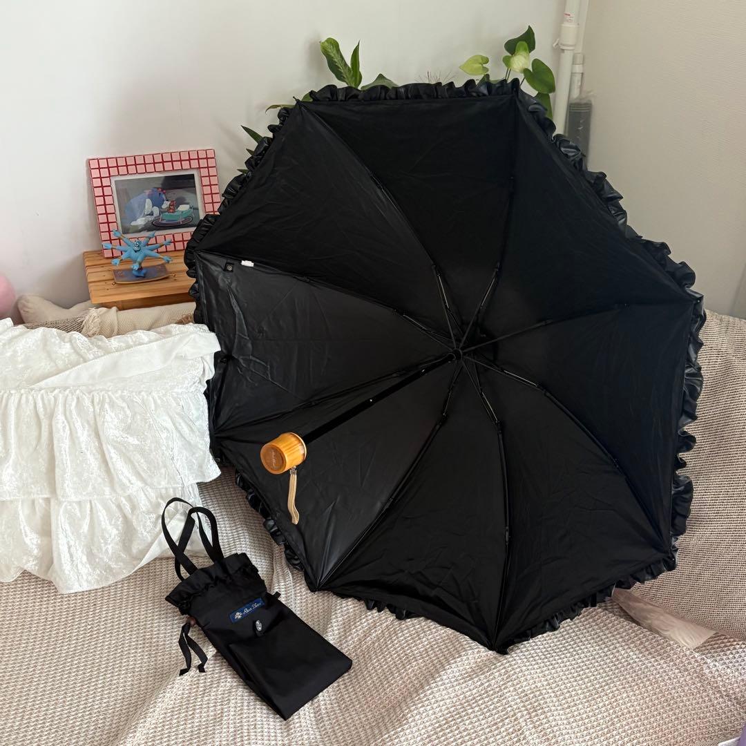芦屋ロサブラン 3段フリル 折りたたみ 日傘 ブラック/黒