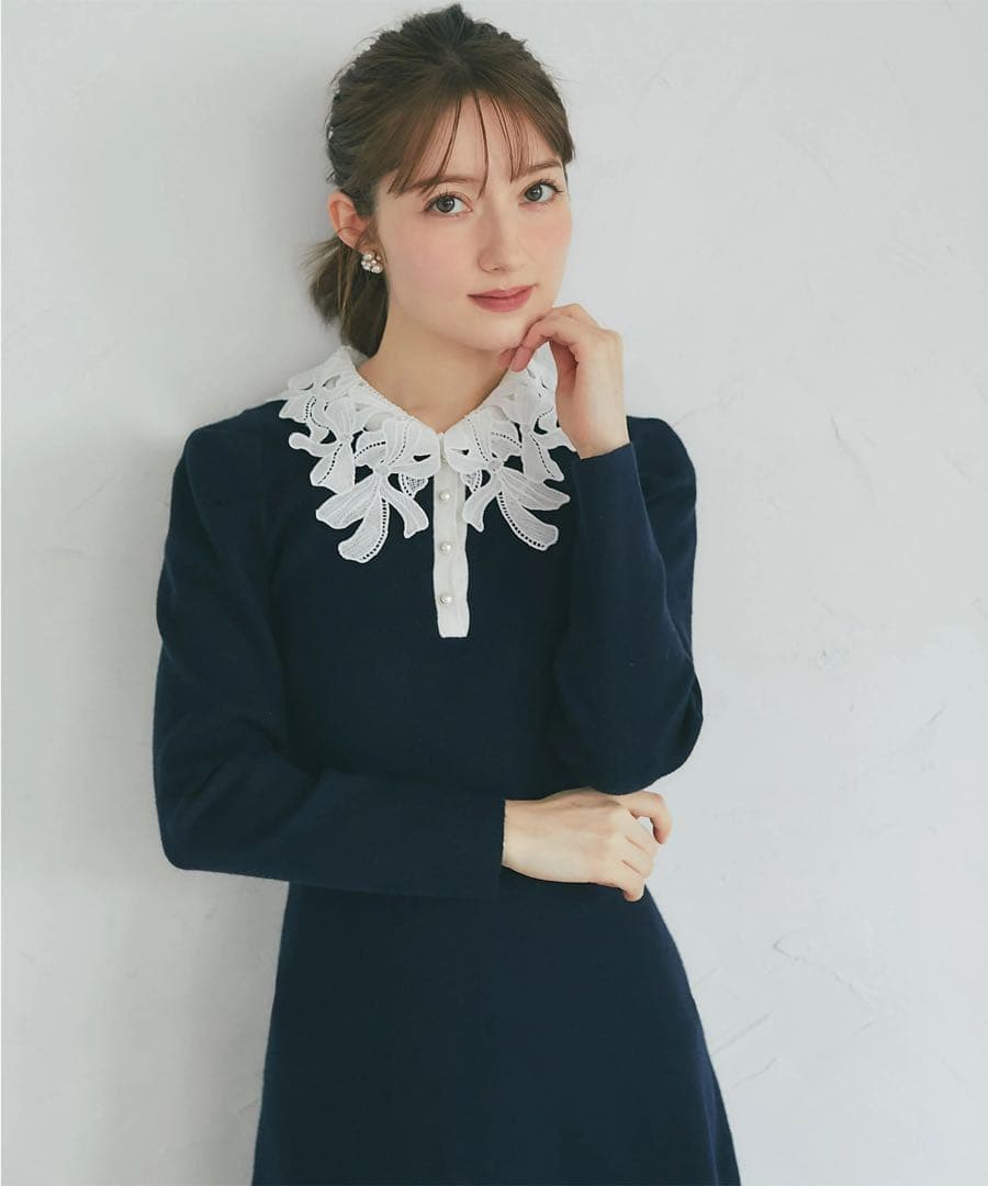 ２ＷＡＹリボンレース襟付きパール釦ニットワンピース　tocco 新品未使用