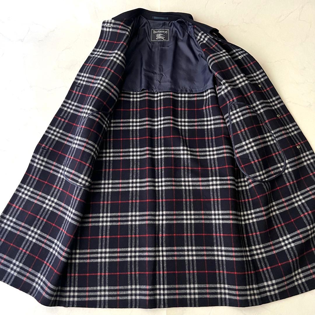 バーバリー ダブルフェイス ロングコート ネイビー ノバチェック カシミヤ混 M