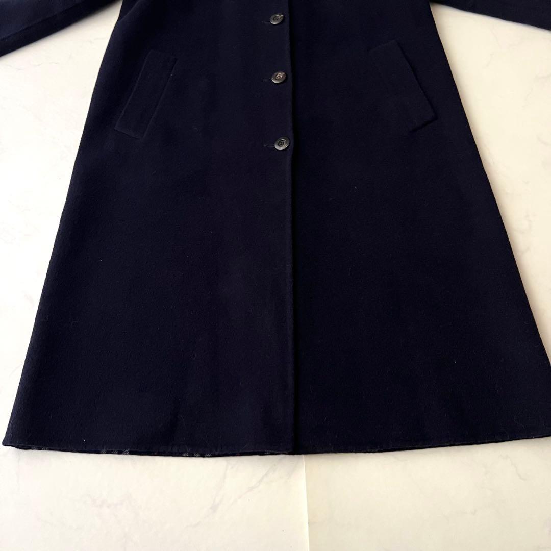 バーバリー ダブルフェイス ロングコート ネイビー ノバチェック カシミヤ混 M