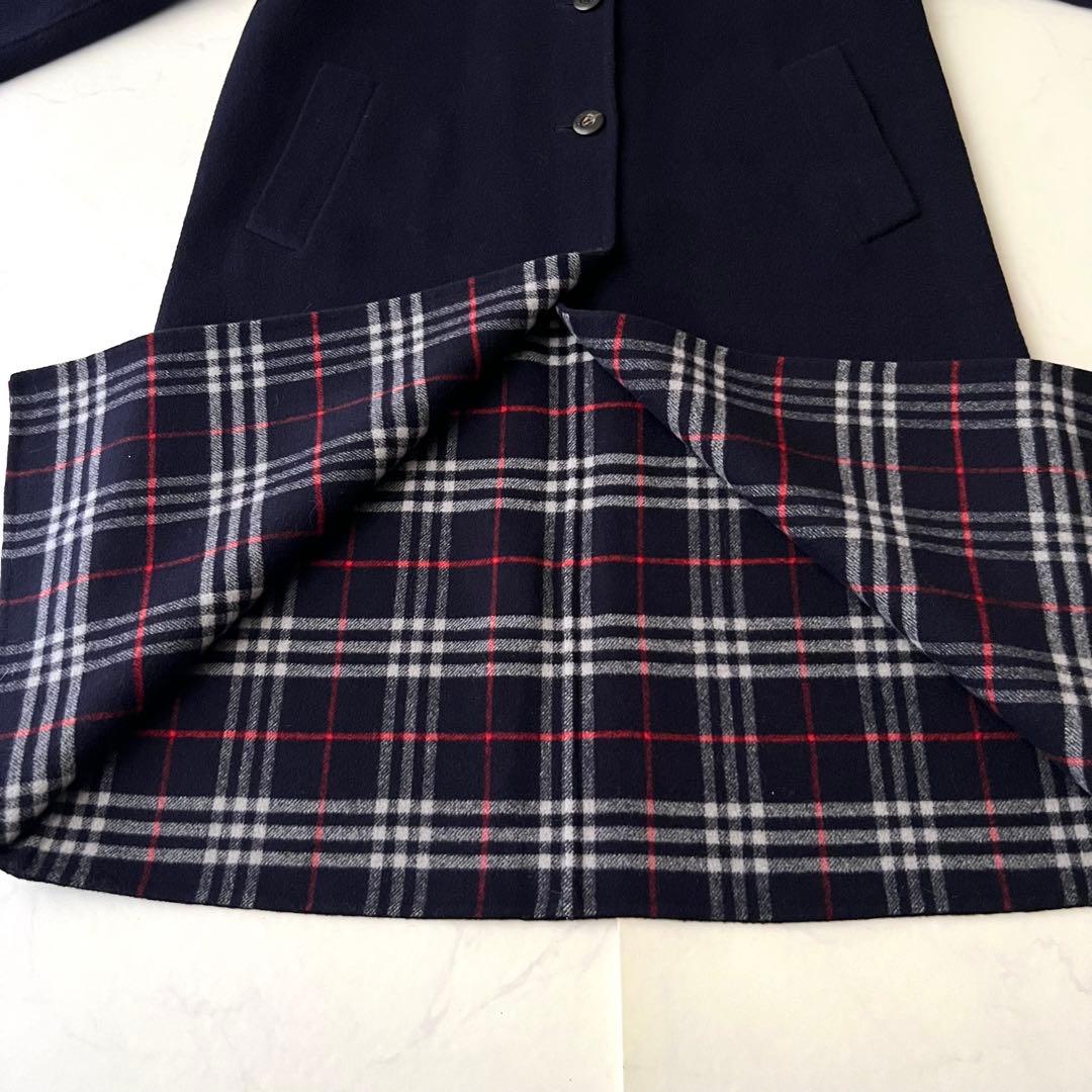 バーバリー ダブルフェイス ロングコート ネイビー ノバチェック カシミヤ混 M