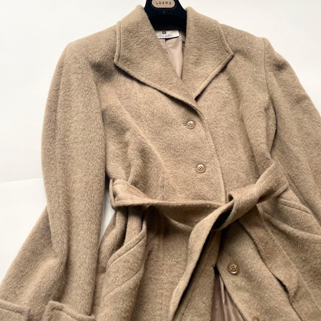 GIVENCHY 高級素材混紡 グレージュ ベルテッド ロングコート レディース