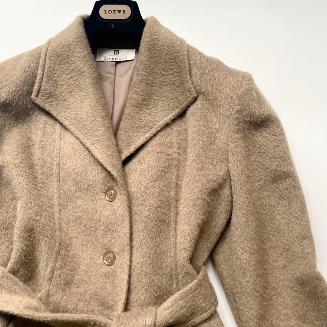 GIVENCHY 高級素材混紡 グレージュ ベルテッド ロングコート レディース