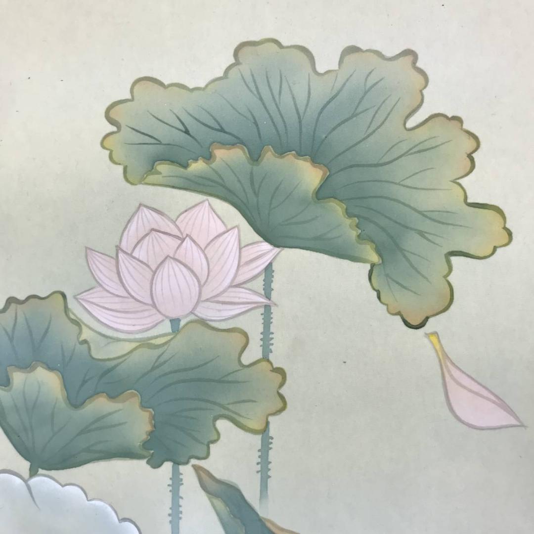 真作/園田秀園/聖蓮花図/蓮図/ハス図/掛軸☆宝船☆AD-458