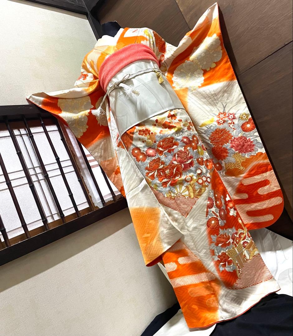 振袖 フルセット6点サイズM〜Ｌ駒刺繍　扇面花車文　暈し染め　金彩　正絹