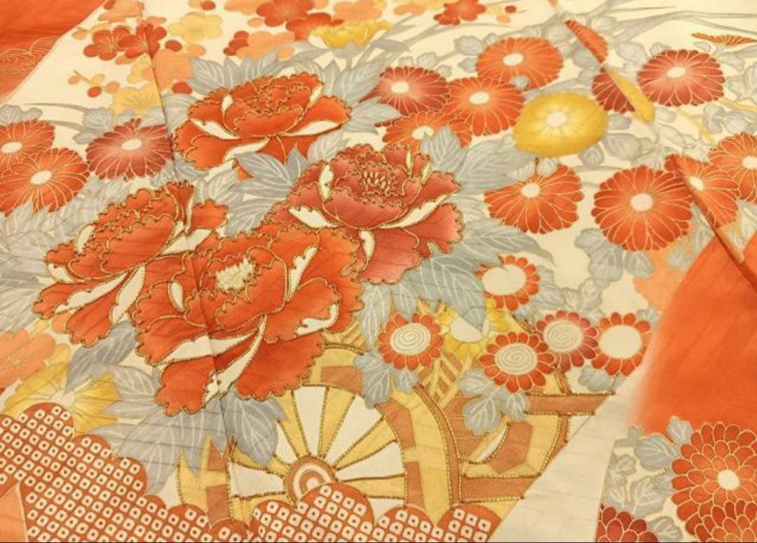 振袖 フルセット6点サイズM〜Ｌ駒刺繍　扇面花車文　暈し染め　金彩　正絹