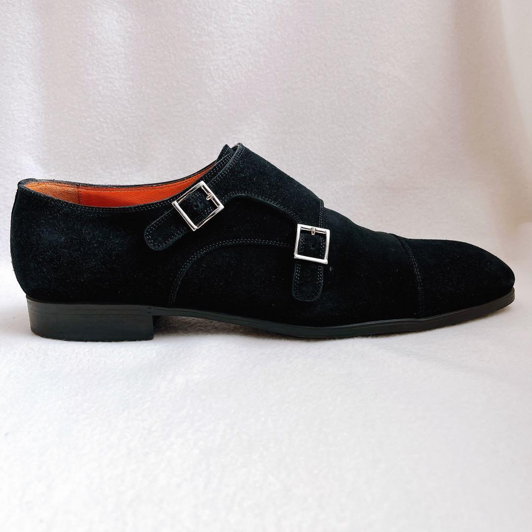 美品 サントーニ ダブルモンクストラップ スエード ビジネス ドレスシューズ 黒