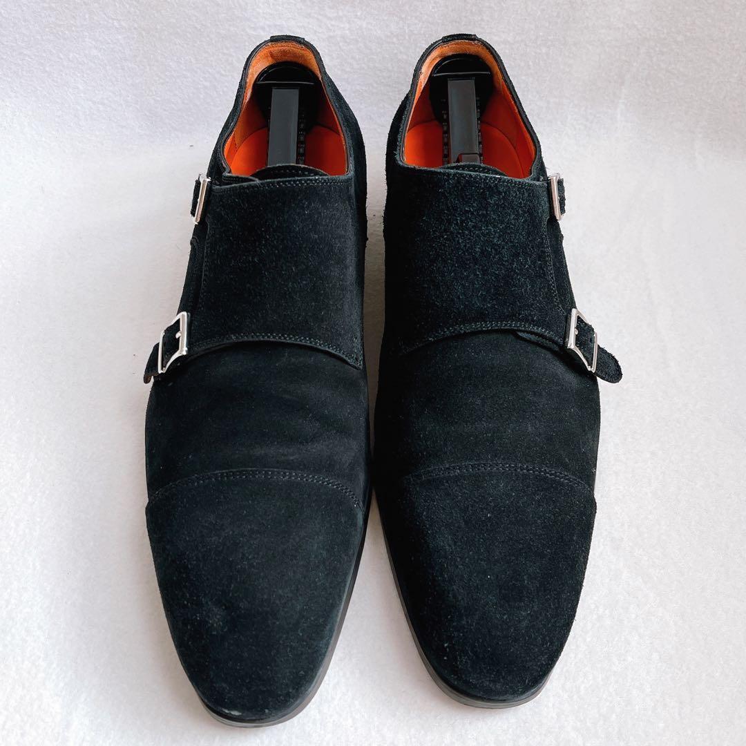 美品 サントーニ ダブルモンクストラップ スエード ビジネス ドレスシューズ 黒