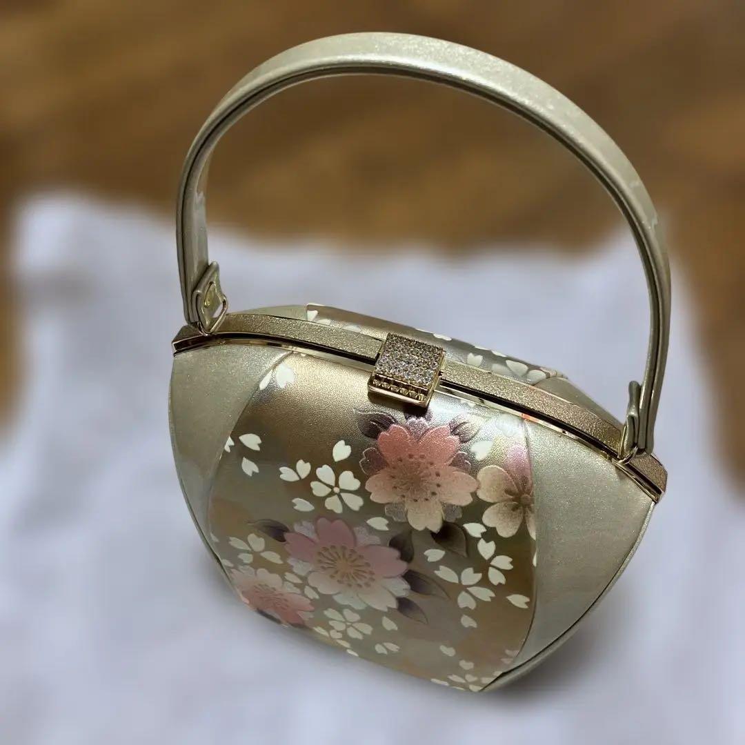 桜の花柄 和装用バッグ 草履セット　金色