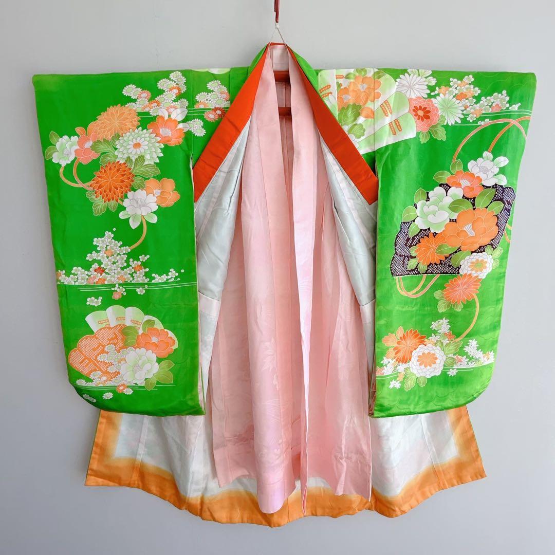 フルセット 七五三 7歳女の子 長着＆長襦袢＆帯＆小物　黄緑　絞り柄　組紐　花