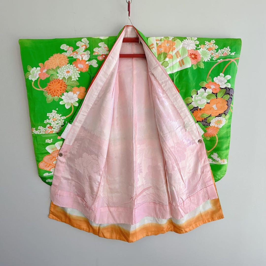 フルセット 七五三 7歳女の子 長着＆長襦袢＆帯＆小物　黄緑　絞り柄　組紐　花