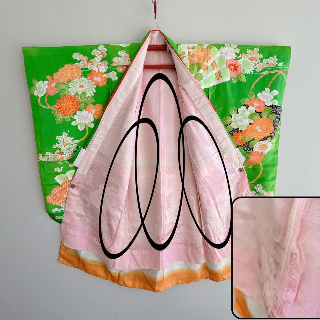 フルセット 七五三 7歳女の子 長着＆長襦袢＆帯＆小物　黄緑　絞り柄　組紐　花