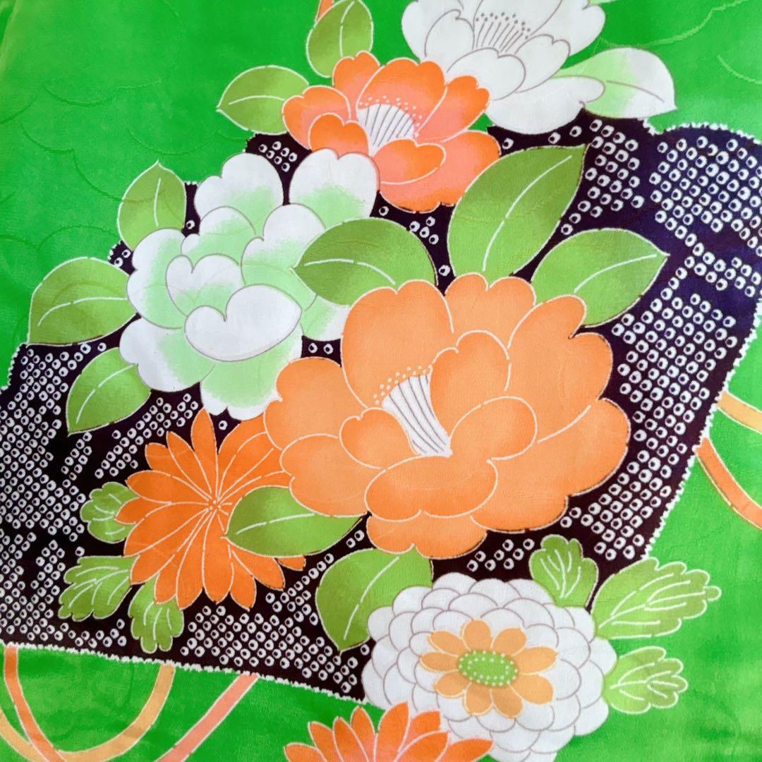 フルセット 七五三 7歳女の子 長着＆長襦袢＆帯＆小物　黄緑　絞り柄　組紐　花