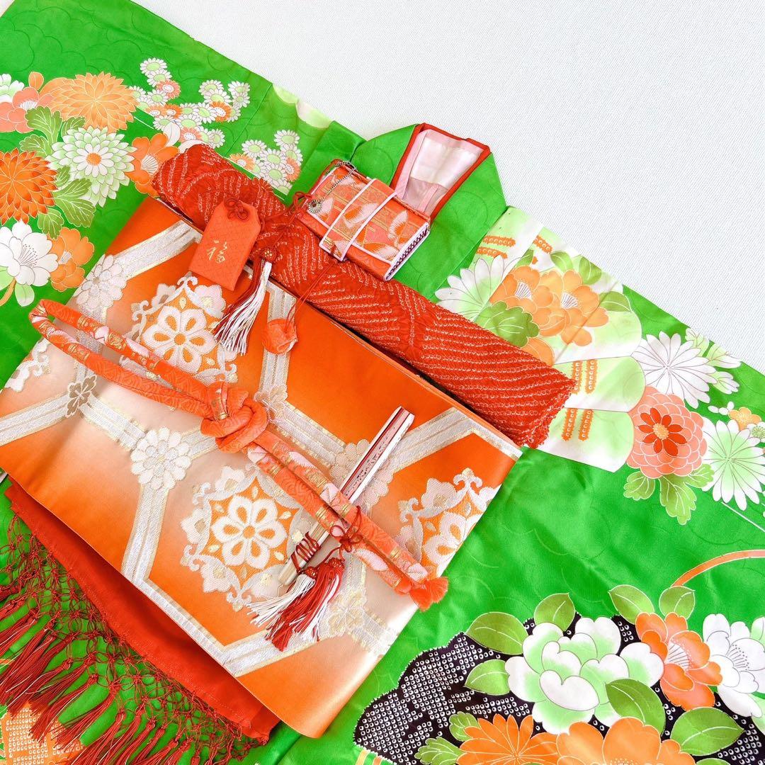 フルセット 七五三 7歳女の子 長着＆長襦袢＆帯＆小物　黄緑　絞り柄　組紐　花