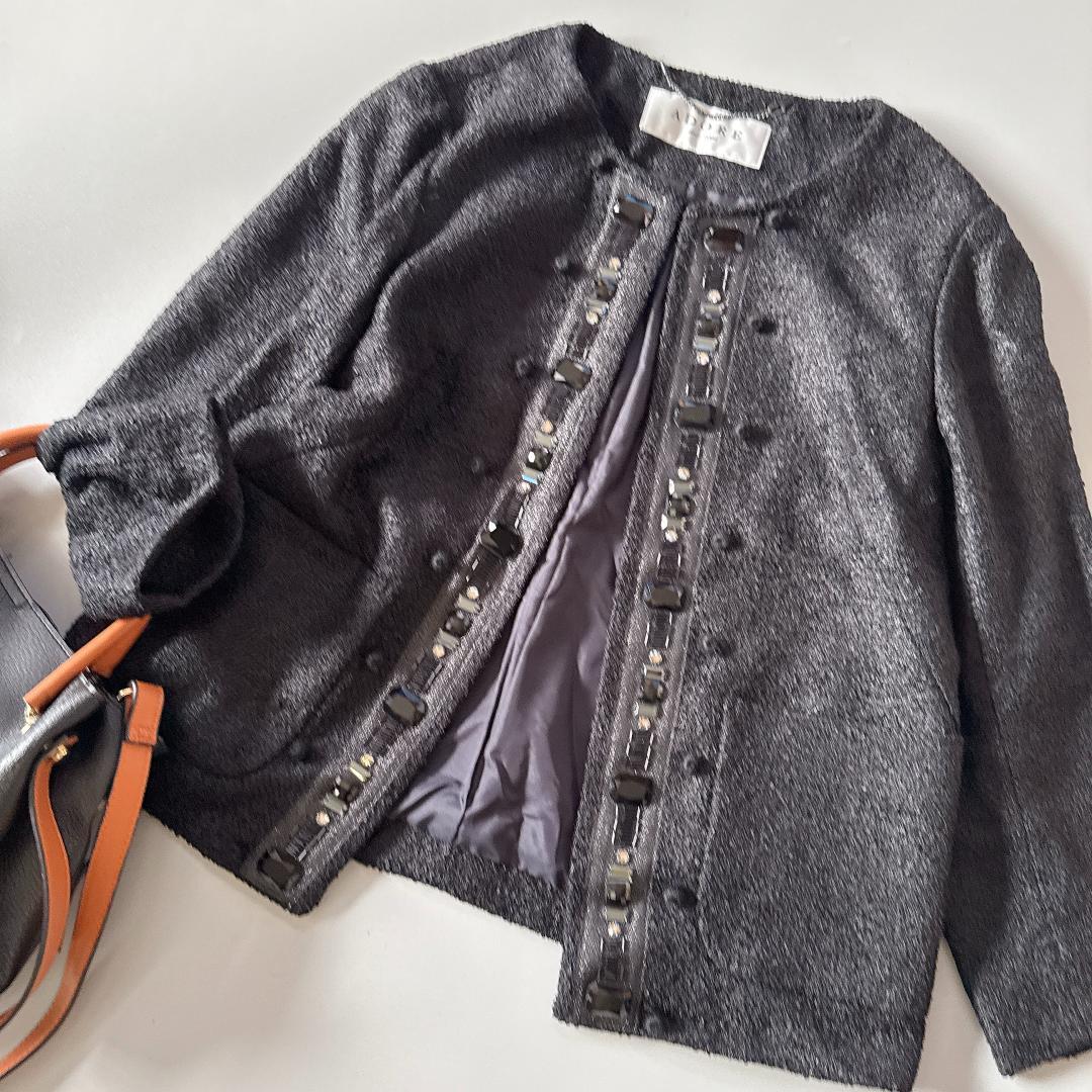 ADORE アドーア ノーカラージャケット ビジュー ツイード 黒　フォーマル