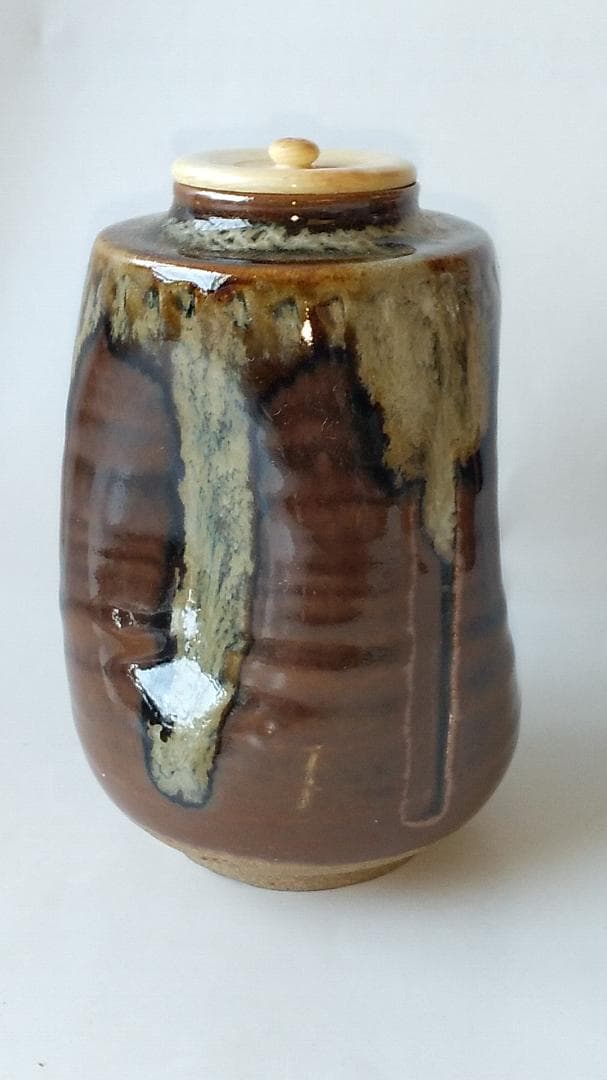 膳所焼 淡海ぜぜ 陽炎園 茶入 仕覆 名物裂 藤種緞子 茶道具 共箱 美品 です