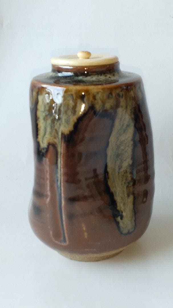 膳所焼 淡海ぜぜ 陽炎園 茶入 仕覆 名物裂 藤種緞子 茶道具 共箱 美品 です