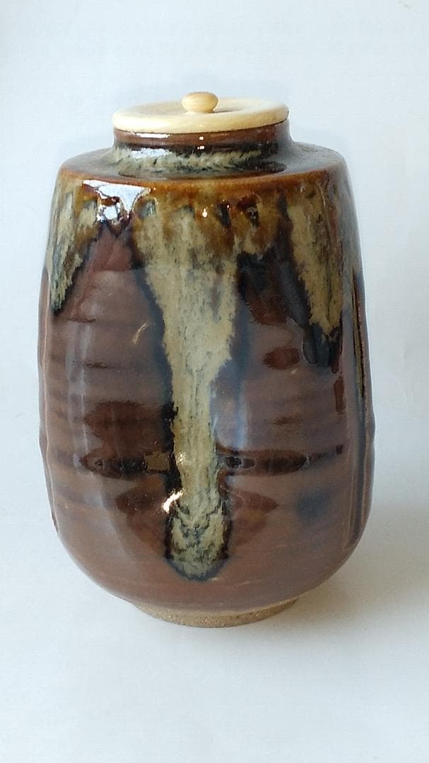 膳所焼 淡海ぜぜ 陽炎園 茶入 仕覆 名物裂 藤種緞子 茶道具 共箱 美品 です