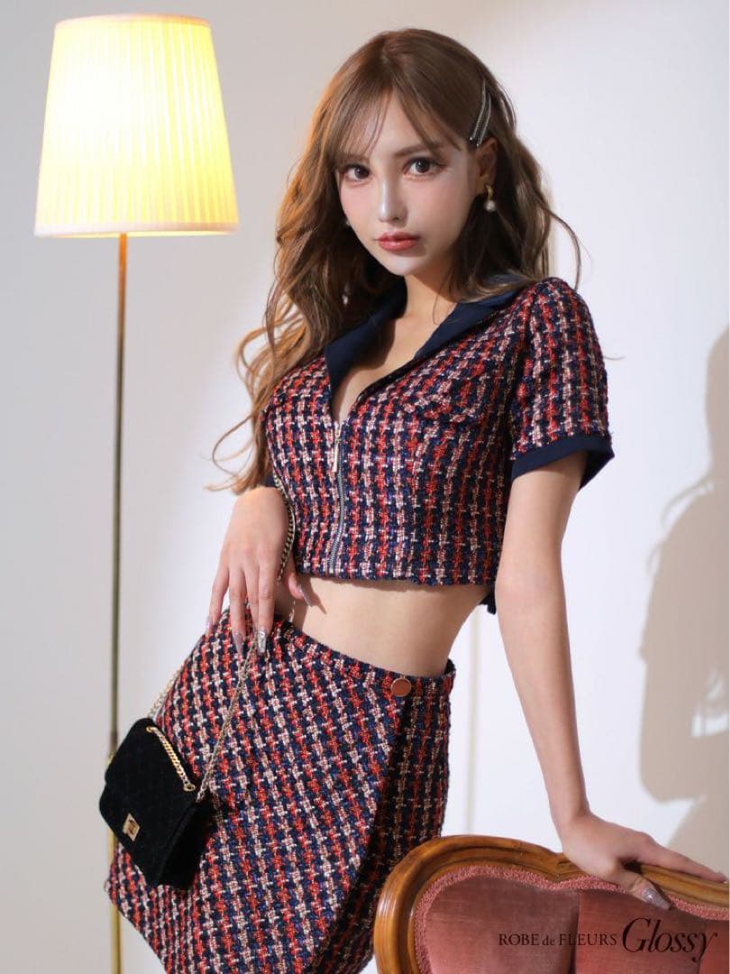 ROBE de FLEURS セットアップ フロントジッパー 千鳥柄ツイード