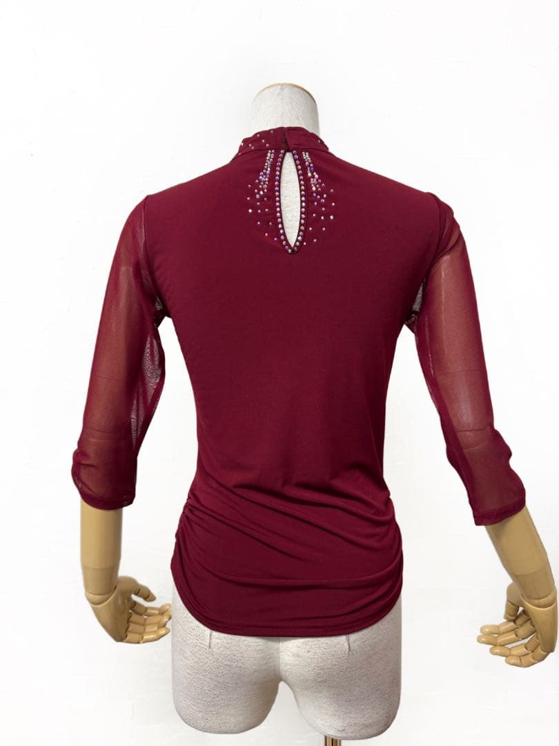 【ラインストーン】新品社交ダンス ハイネックデザインカットソーワインr151