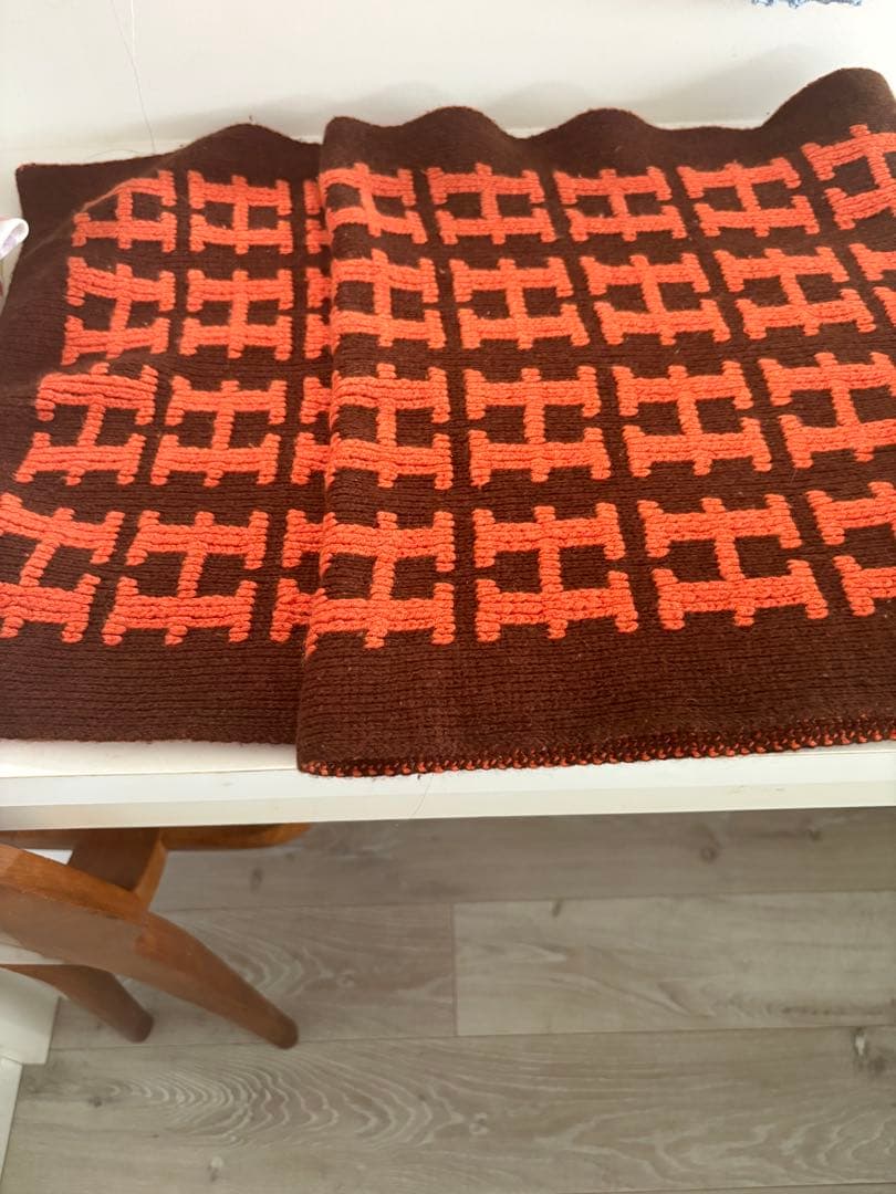 HERMES エルメス カシミヤ100% マフラー H柄 180cm 茶×橙