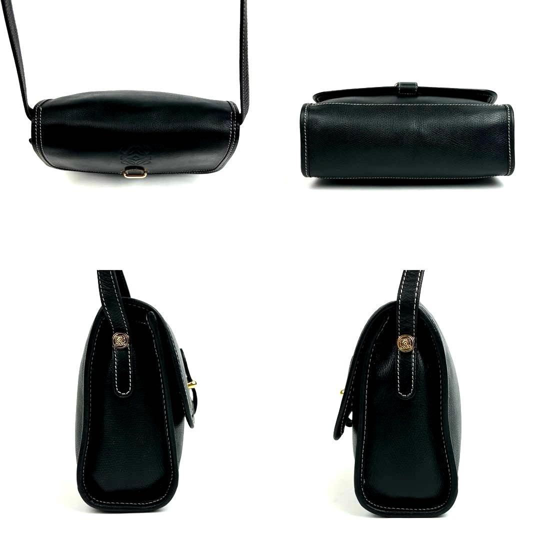 【美品】ロエベ　アナグラム　ショルダーバッグ　ゴールド金具　ステッチ　レザー　黒