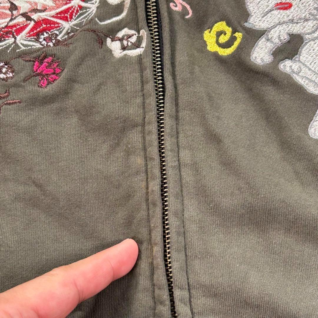 【KON-JAKU】首元フルジップパーカー　今昔　和柄　カーキ　XL