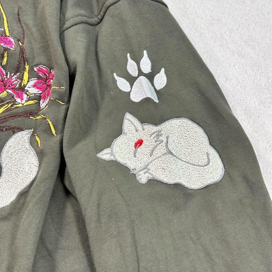 【KON-JAKU】首元フルジップパーカー　今昔　和柄　カーキ　XL