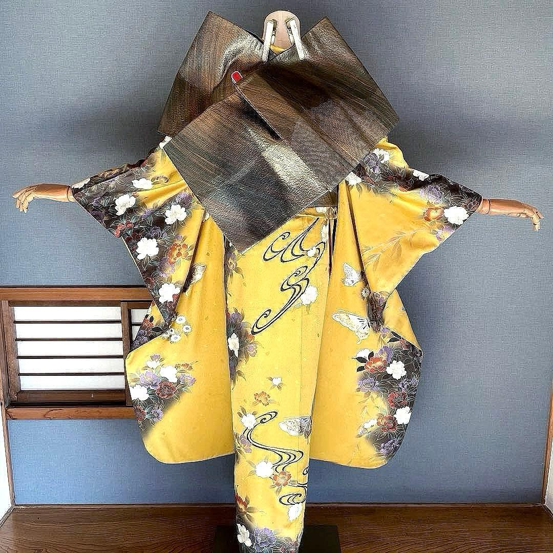 振袖フルセット　金彩友禅　成人式振袖　振袖　裄丈68 黄色系