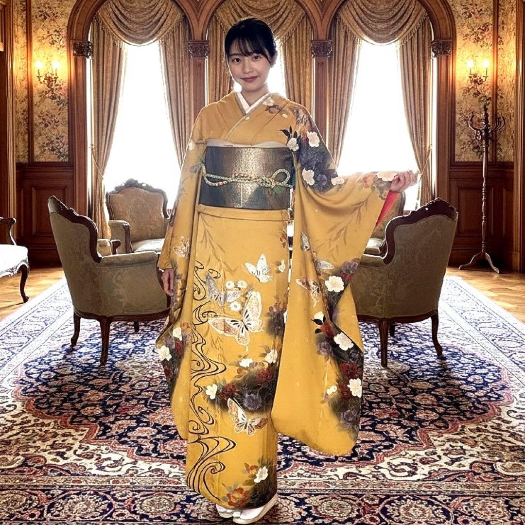 振袖フルセット　金彩友禅　成人式振袖　振袖　裄丈68 黄色系
