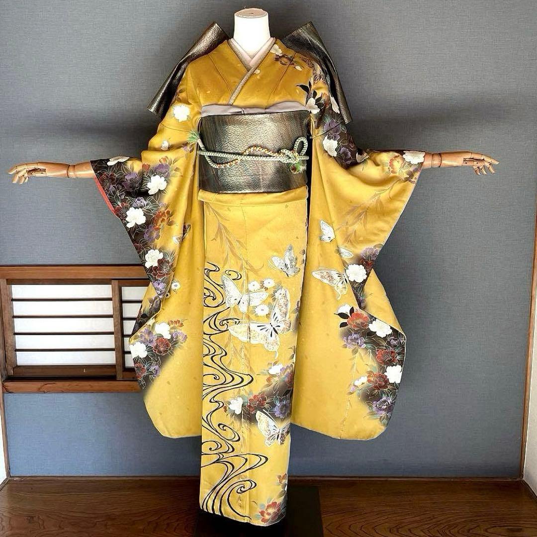 振袖フルセット　金彩友禅　成人式振袖　振袖　裄丈68 黄色系