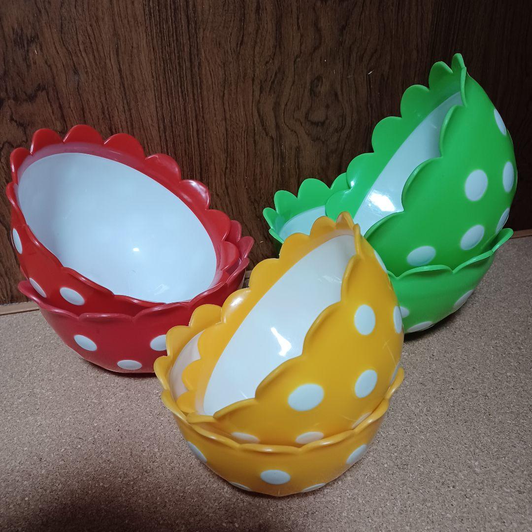 昭和レトロポップ　NKC　フラワー型プラスチックボウル水玉柄　6点　赤黄色黄緑