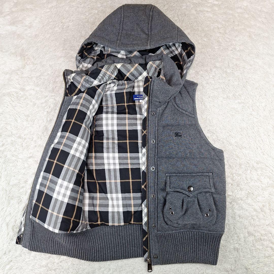 BURBERRY　ブルーレーベル　ダウンベスト　ノバチェック　フード　グレー　M