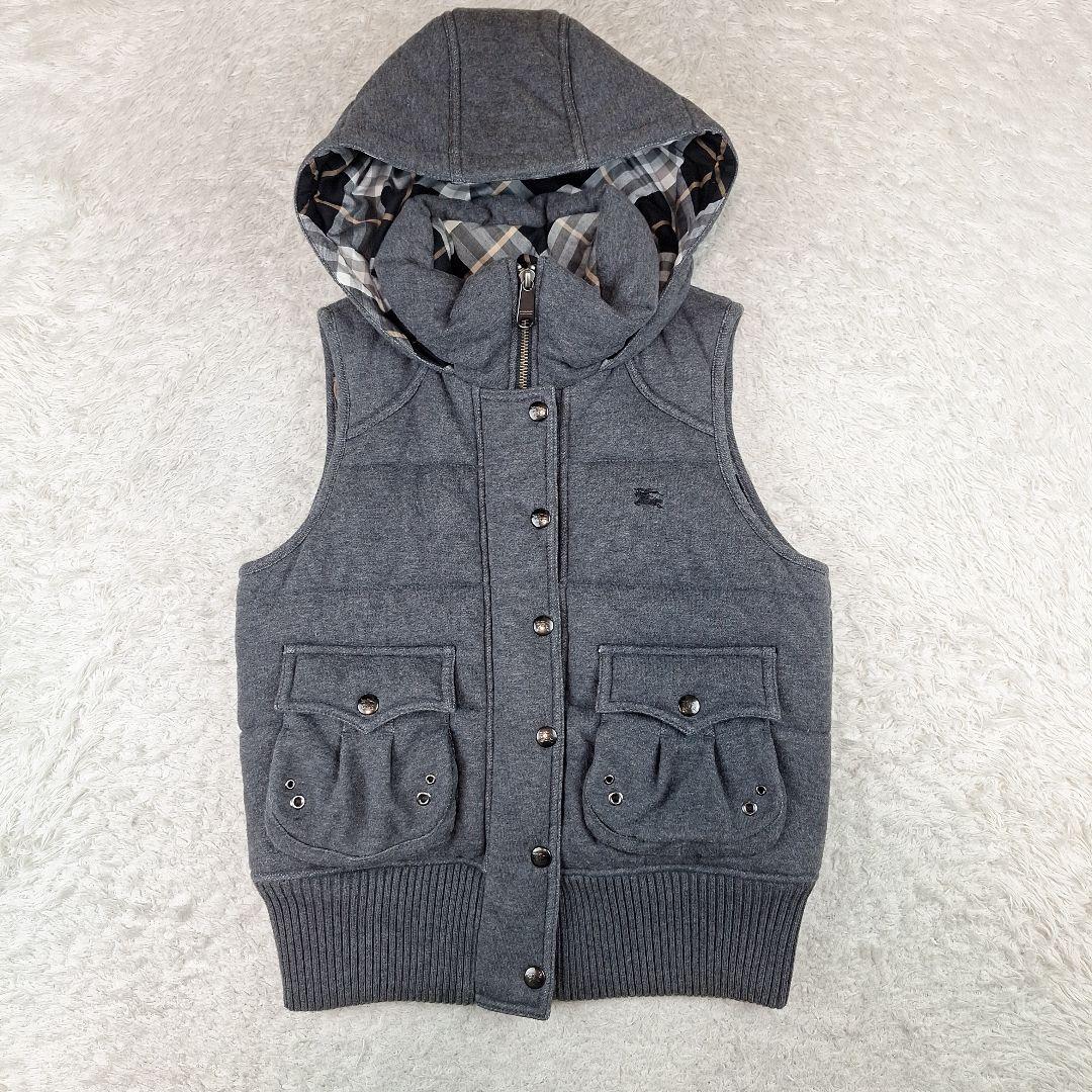 BURBERRY　ブルーレーベル　ダウンベスト　ノバチェック　フード　グレー　M