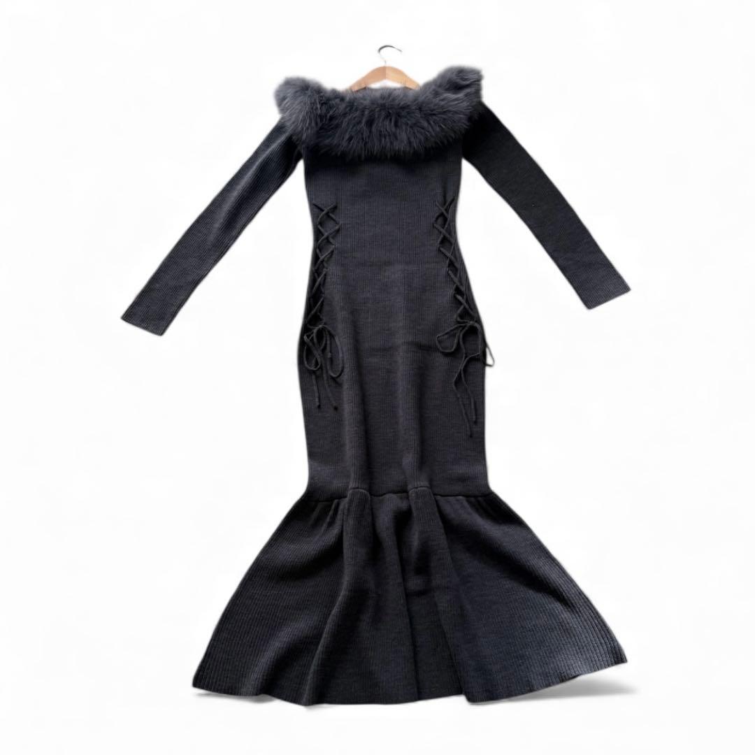 【新品】resexxy フェイクファートリムニットワンピース チャコールグレー