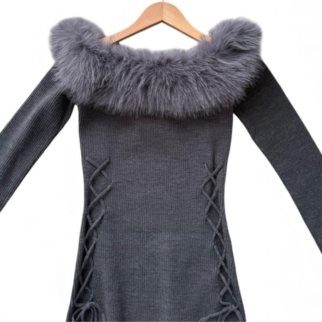【新品】resexxy フェイクファートリムニットワンピース チャコールグレー