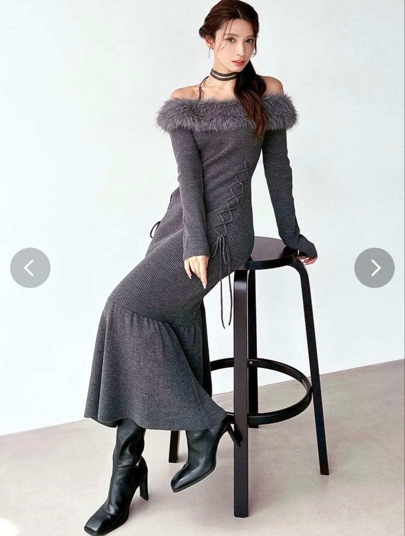 【新品】resexxy フェイクファートリムニットワンピース チャコールグレー