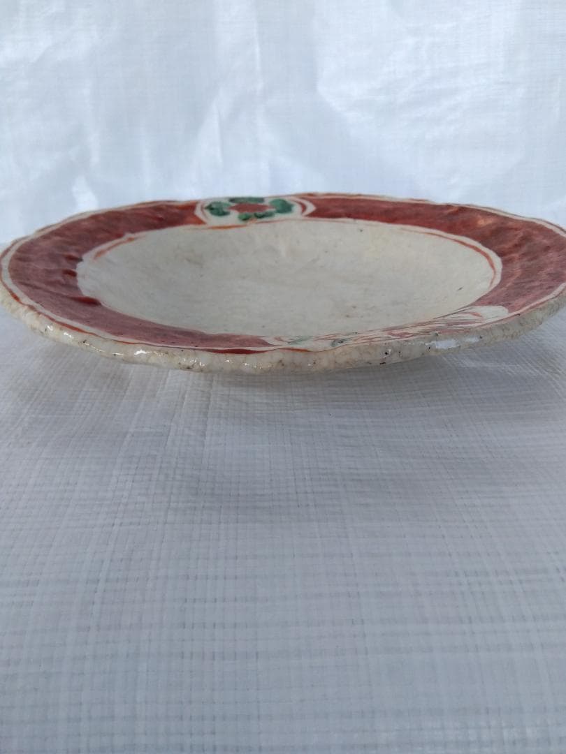 人気作者　黒岩卓実作　織部焼　赤色浅皿　24ｃｍ